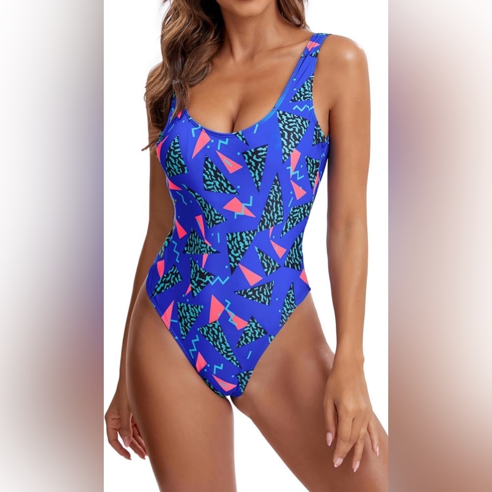 MIAIULIA Women's Retro 80s/90s Inspired High Cut Low Back‎ One Piece Swim Small